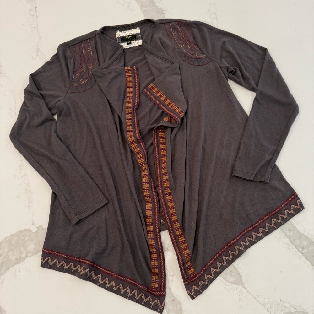 Anthropologie Cupio Drapey Open Front Aztec Embroidered Cardigan Women’s Medium